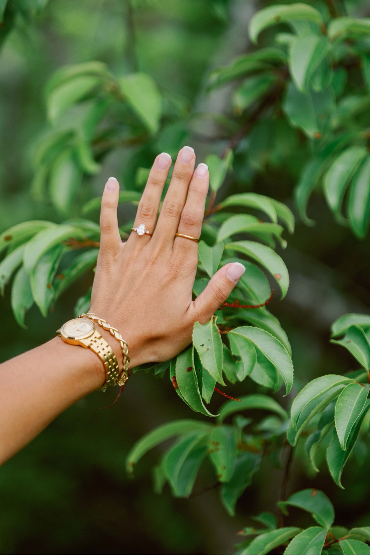 Close-up of a new engagement ring against green leaves after a Long Island proposal