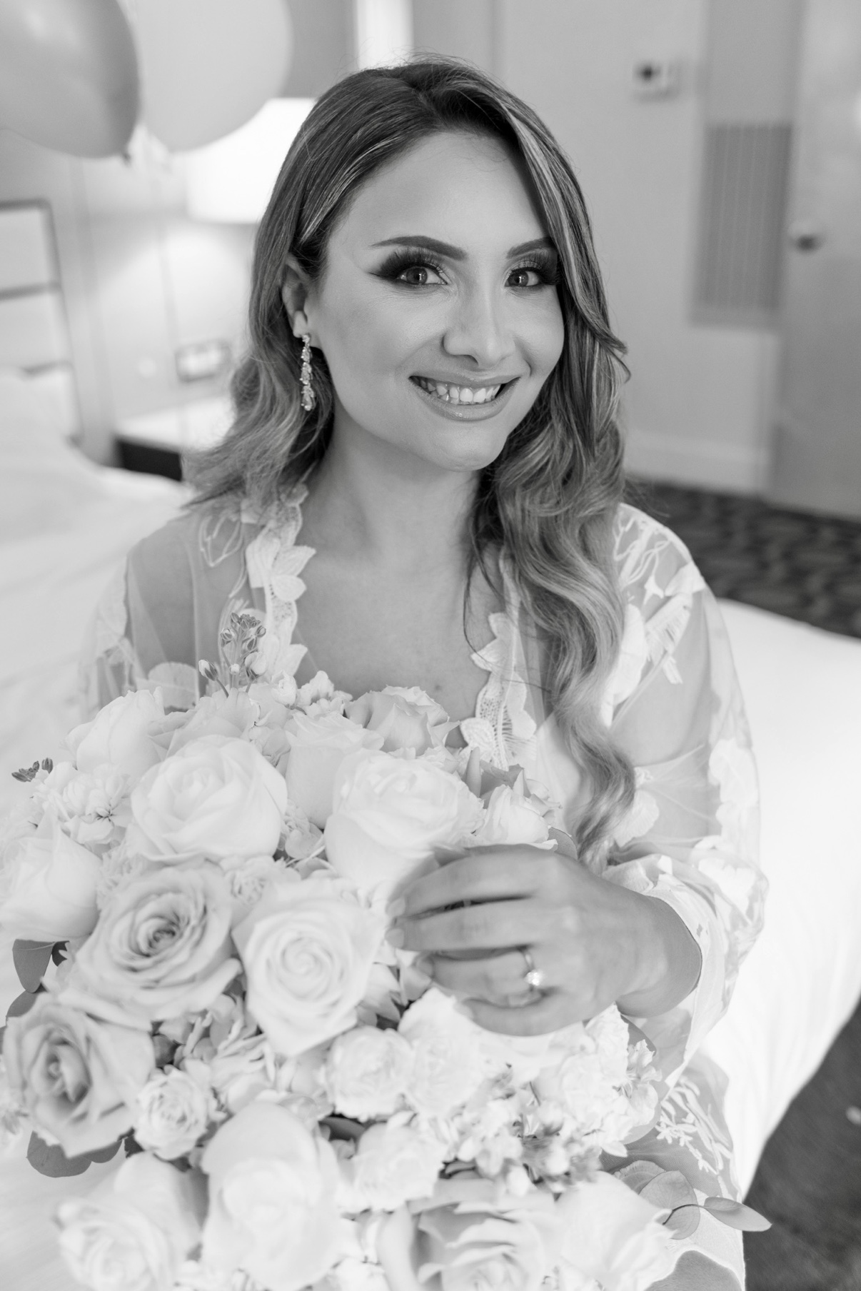 Laura with her bouquet before the ceremony